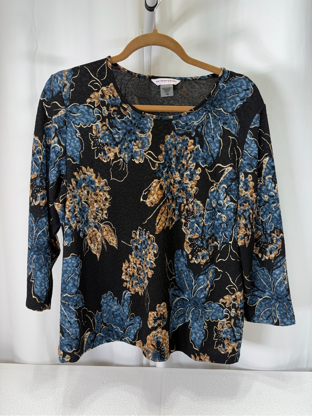 Allison Daley Black Long Sleeve Top with Blue and Gold Floral Design 4318